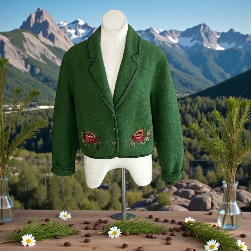 Geiger Green Boiled Wool Jacket Tyrolean Embroidered Floral Size 40